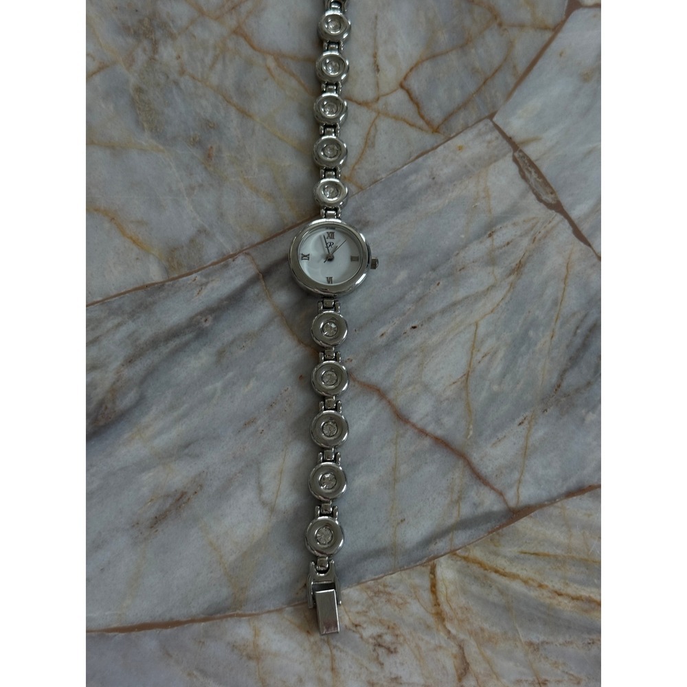 R Silver Tone Crystal Accent Link Bracelet Dress Watch White Roman Numeral Face